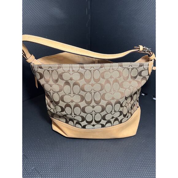 Coach 2156 Tan Signature Fabric Leather Bag Hobo Bucket Style Womens Purse - Picture 6 of 10